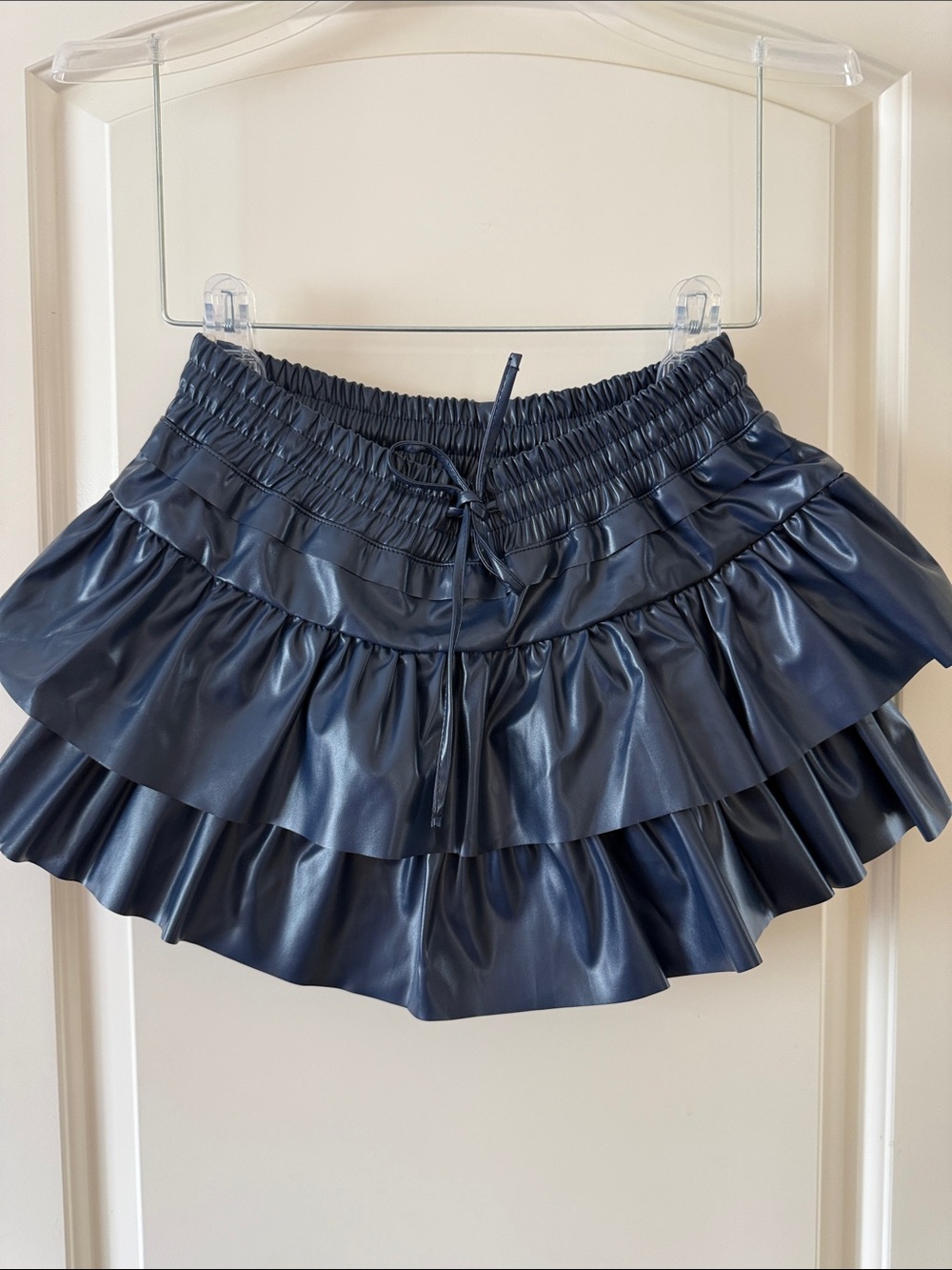 Faux Leather Navy Blue Ruffled Mini Skirt “Day+Moon”, size S